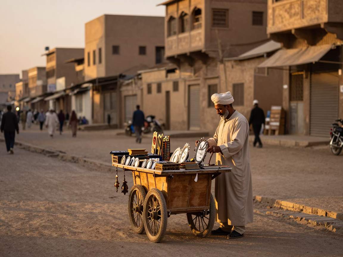 Luxor Egypt Evening Street Scene with Amulet Seller and Traditional Market Activity in in Luxor, Egypt