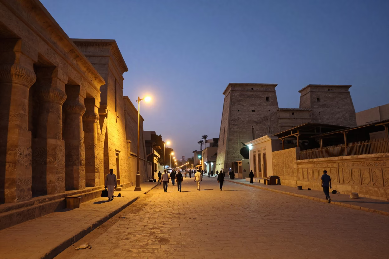 Luxor Egypt Evening Street Scene with Ancient Monuments and Local Life in in Luxor, Egypt