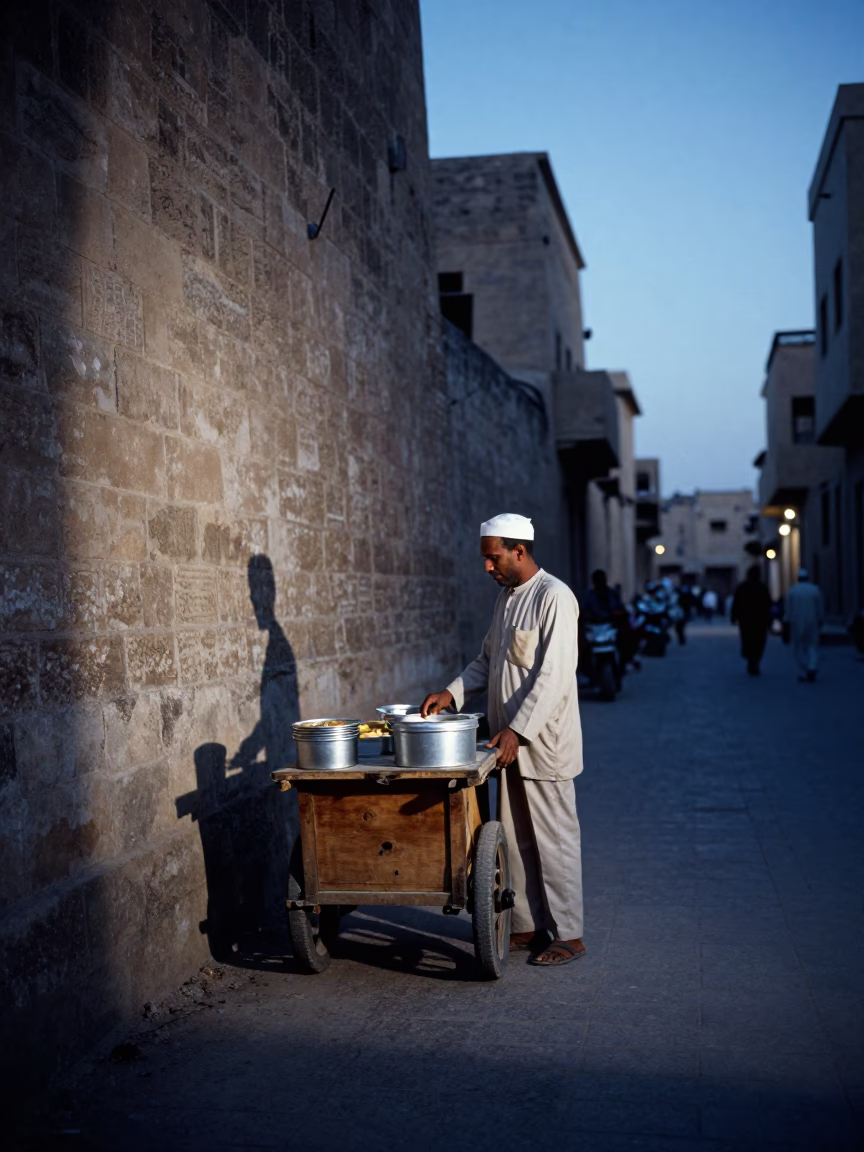 Luxor Egypt Evening Street Scene with Biscuit Tin and Local Vendor in in Luxor, Egypt