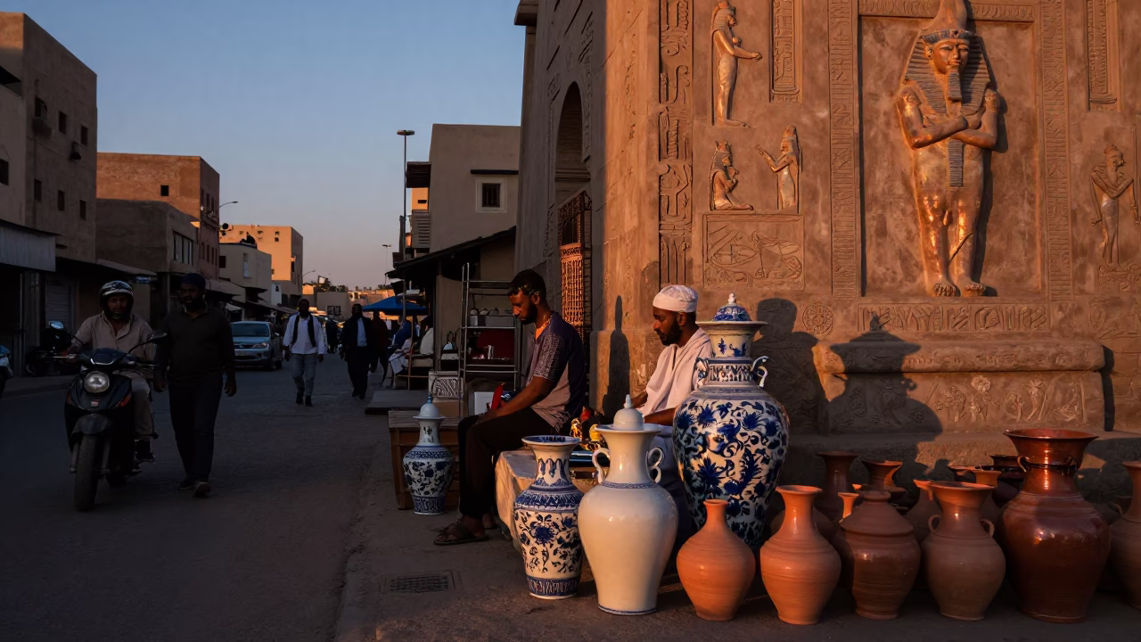 Luxor Egypt Evening Street Scene with Blue Porcelain Jar and Local Interaction in in Luxor, Egypt