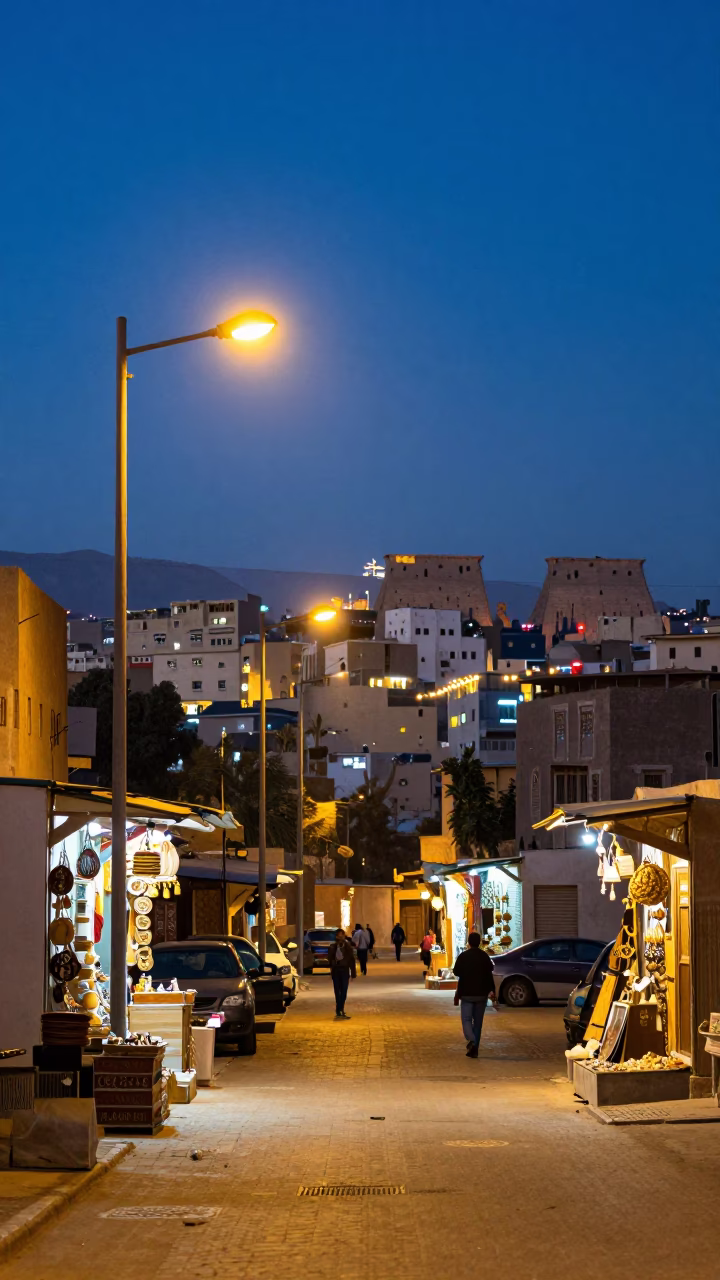 Luxor Egypt Evening Street Scene with City Lights Glowing Near Ancient Temple in in Luxor, Egypt
