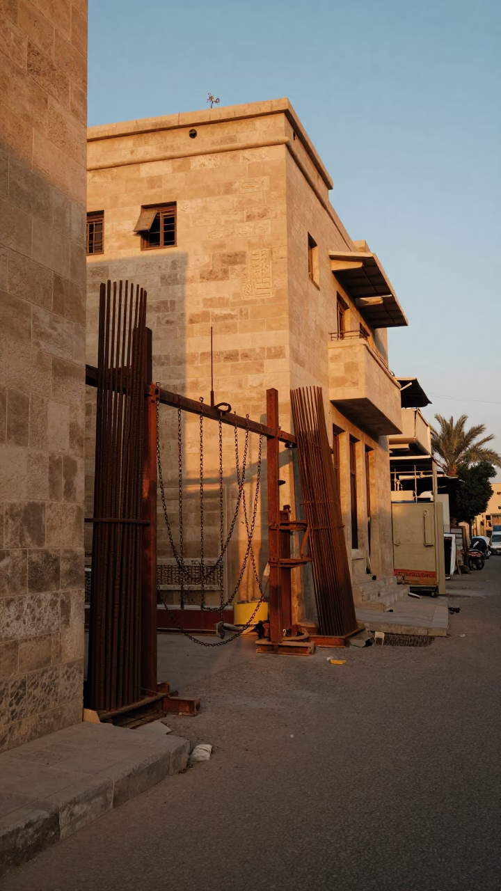Luxor Egypt Evening Street Scene with Construction Gate and Local Life in in Luxor, Egypt