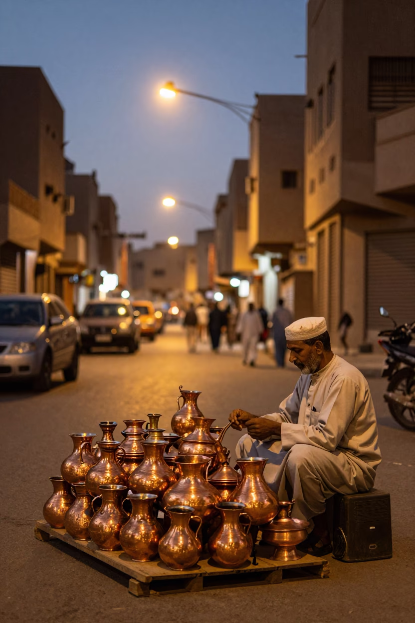 Luxor Egypt Evening Street Scene with Copper Pots and City Lights in in Luxor, Egypt