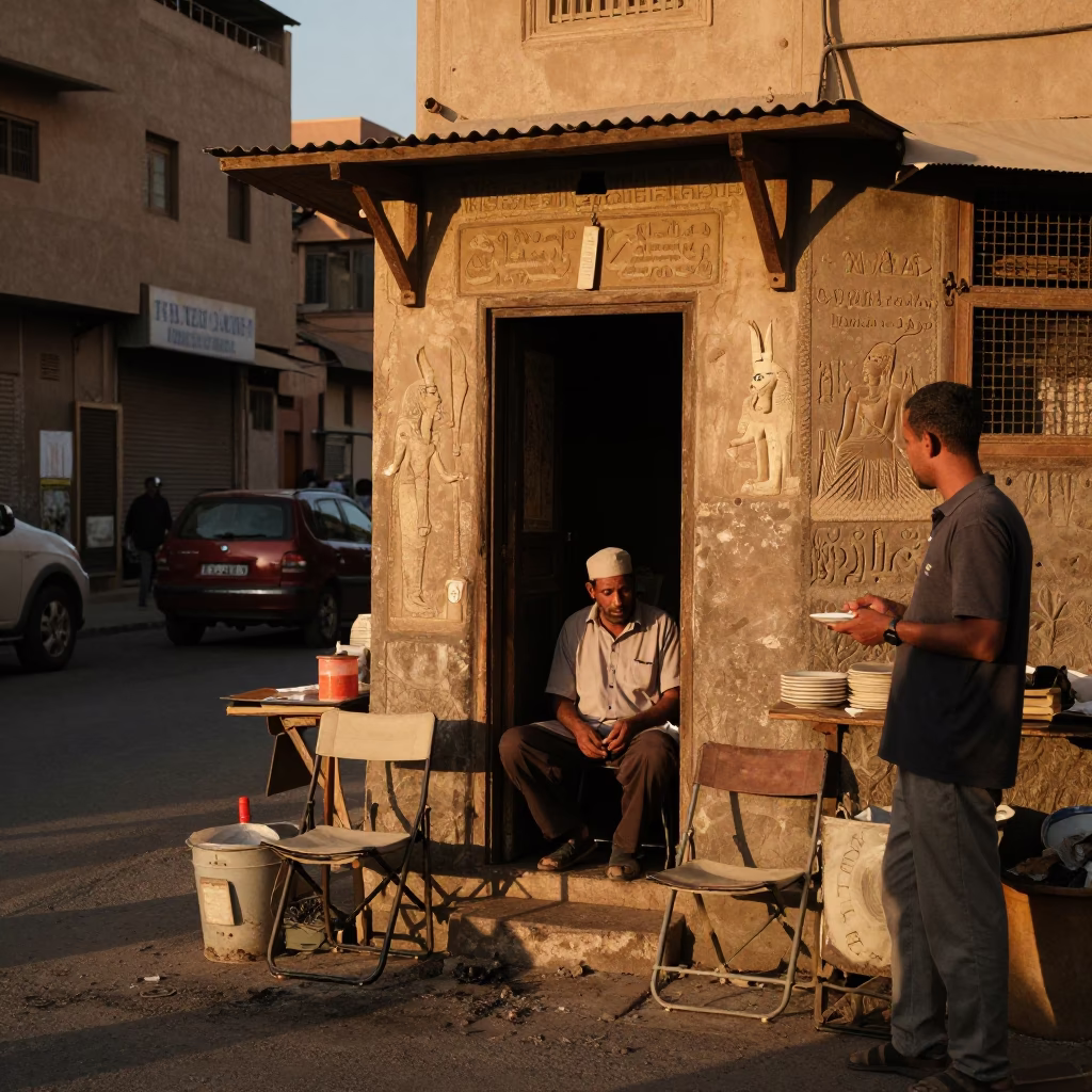 Luxor Egypt Evening Street Scene with Folding Chair and Grease Sheen on Saucer in in Luxor, Egypt