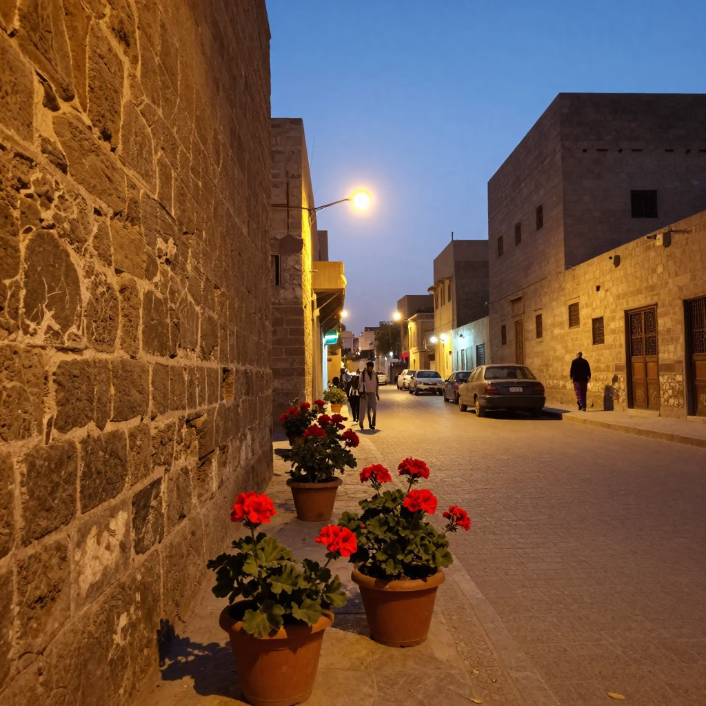 Luxor Egypt Evening Street Scene with Geraniums and Local Life in in Luxor, Egypt