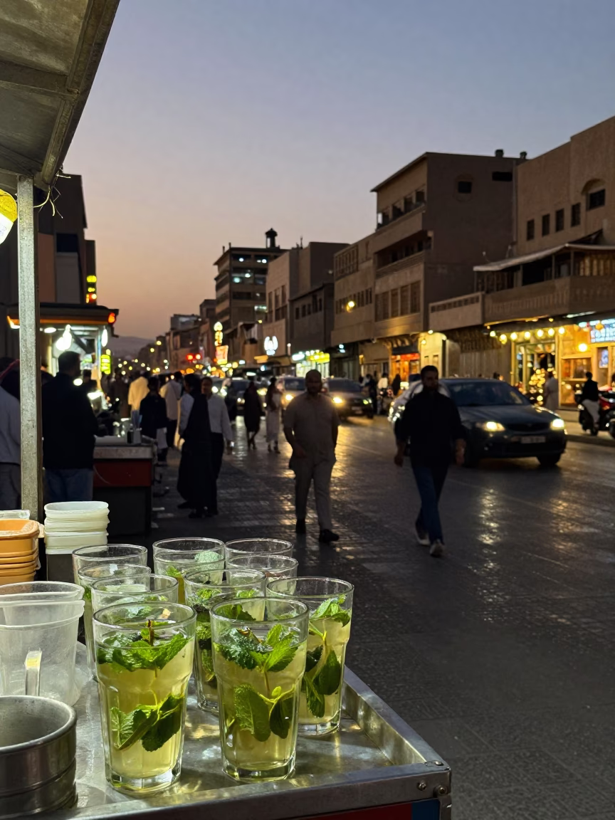 Luxor Egypt Evening Street Scene with Glass Tumblers and City Lights in in Luxor, Egypt