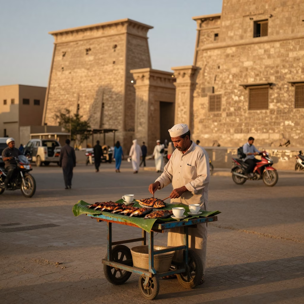 Luxor Egypt Evening Street Scene with Grilled Fish and Teacups in in Luxor, Egypt