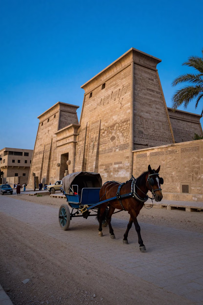Luxor Egypt Evening Street Scene with Horse Drawn Cart and Traditional Architecture in in Luxor, Egypt