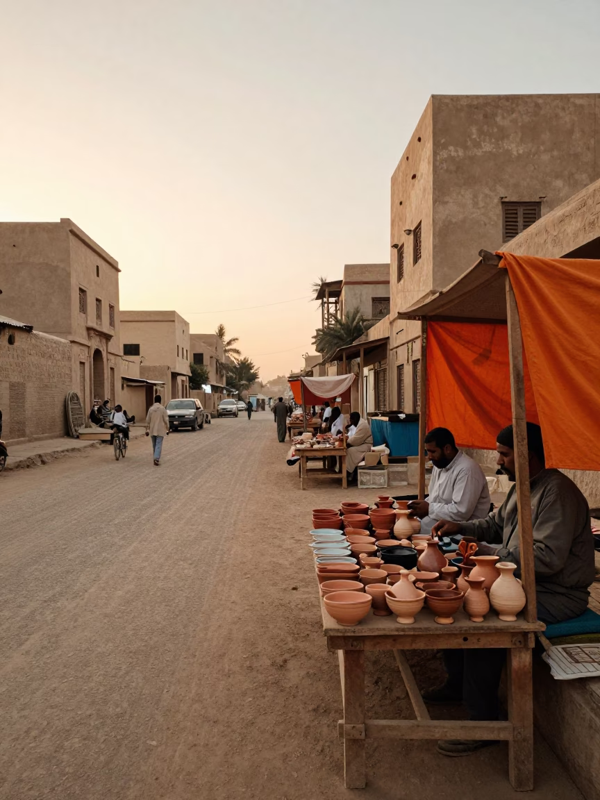 Luxor Egypt Evening Street Scene with Local Vendors and Traditional Market Goods in in Luxor, Egypt