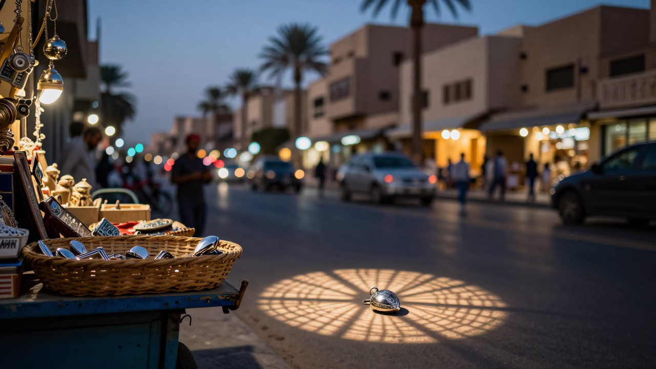 Luxor Egypt Evening Street Scene with Locket and Wicker Shadow on Plaster Wall in in Luxor, Egypt