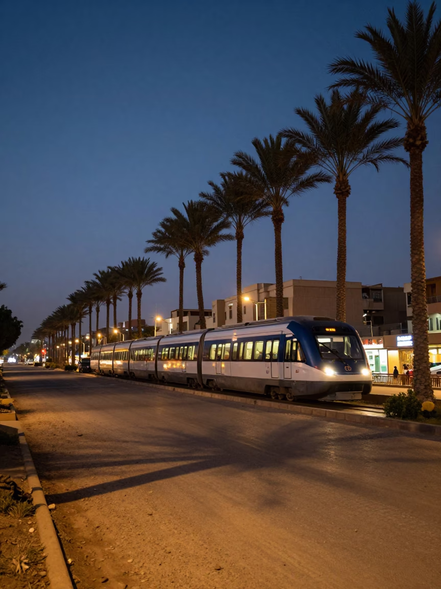 Luxor Egypt Evening Street Scene with Monorail and Palm Trees at Dusk in in Luxor, Egypt