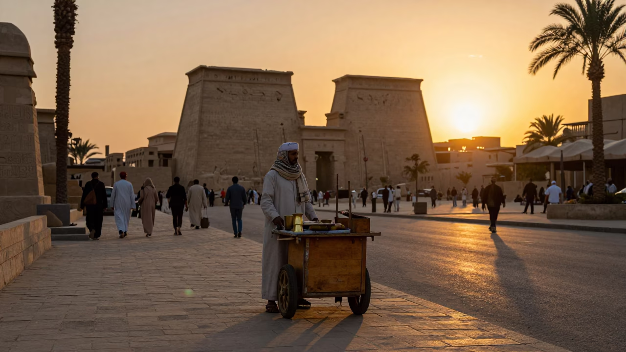 Luxor Egypt Evening Street Scene with Scarf and Brass Cup at Sunset in in Luxor, Egypt