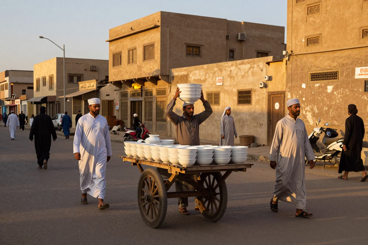 Luxor Egypt Evening Street Scene with Soup Bowls and Local Market Activity in in Luxor, Egypt