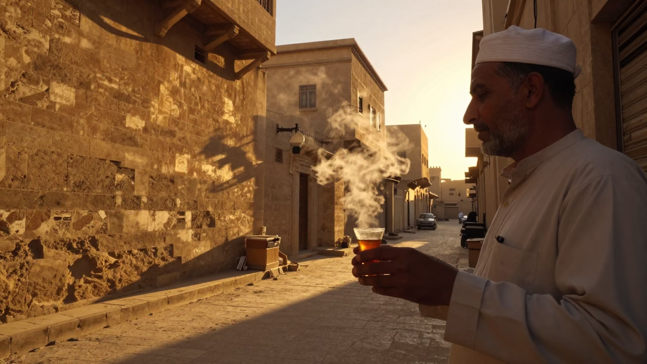 Luxor Egypt Evening Street Scene with Steam Rising from Traditional Tea Cup in in Luxor, Egypt