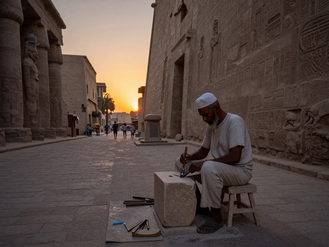 Luxor Egypt Evening Street Scene with Stone Carving Tools and Clay Jars in in Luxor, Egypt