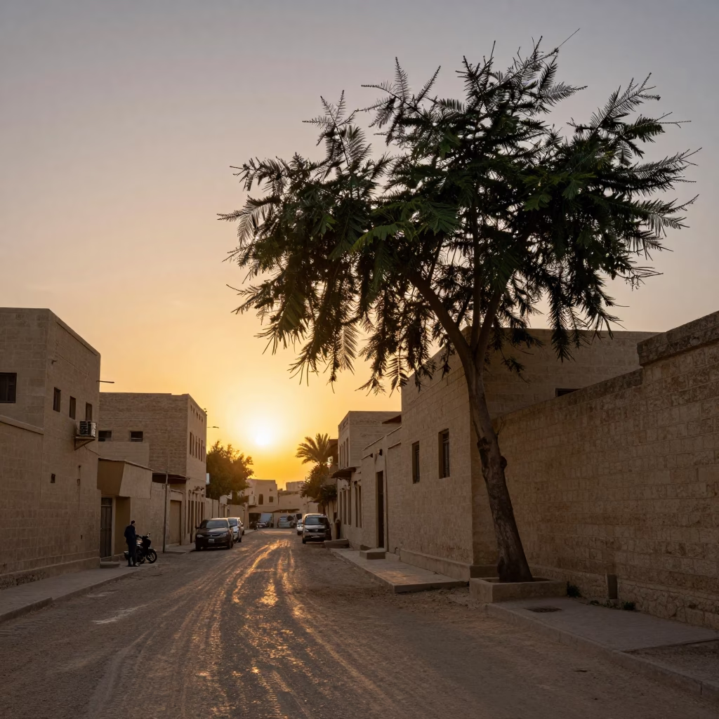 Luxor Egypt Evening Street Scene with Tamarind Tree and Traditional Architecture in in Luxor, Egypt