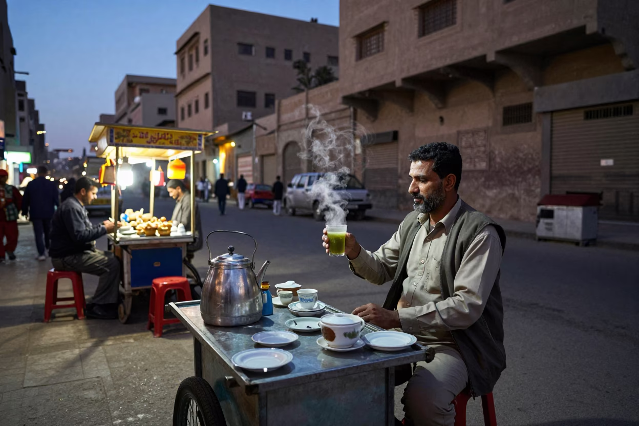 Luxor Egypt Evening Street Scene with Tea Stall and Local Interaction in in Luxor, Egypt