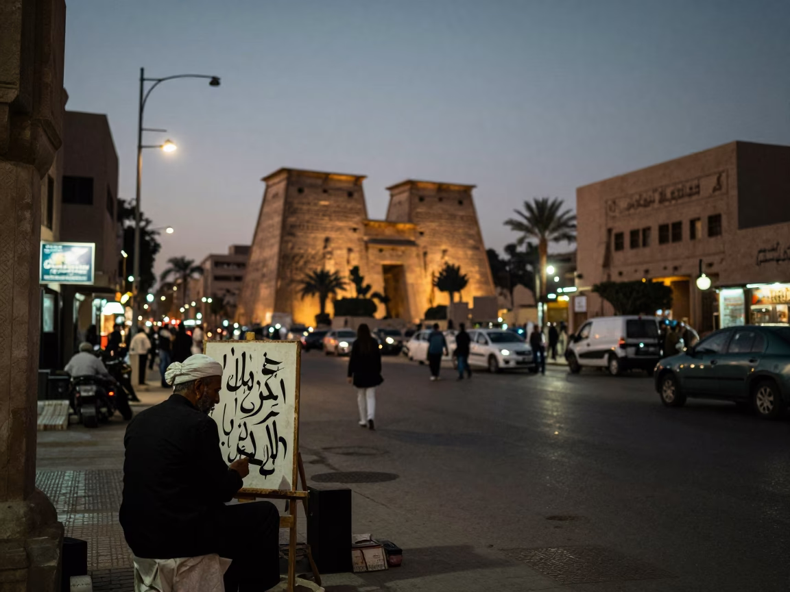 Luxor Egypt Evening Street Scene with Traditional Calligraphy Artist and City Lights in in Luxor, Egypt
