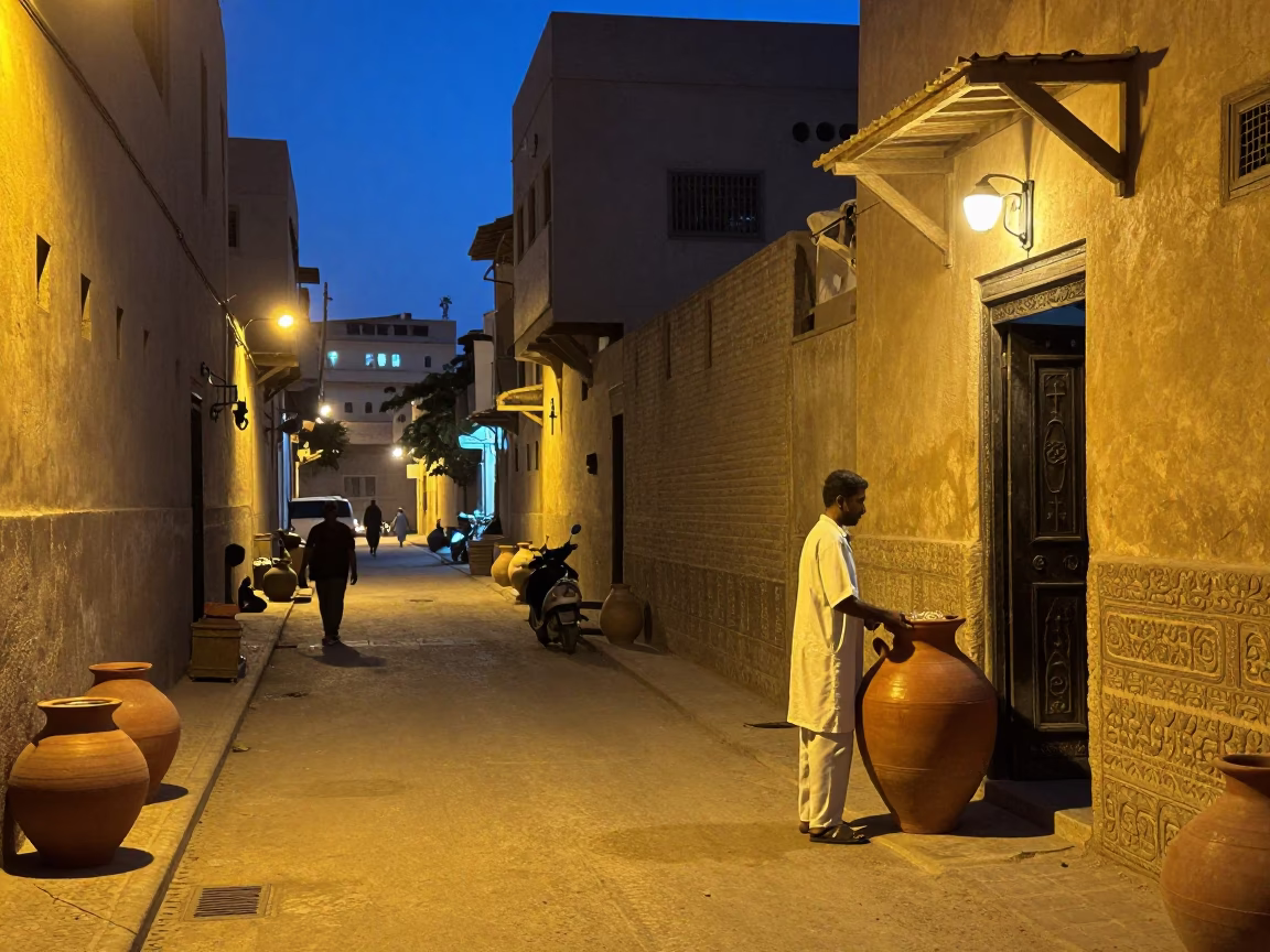 Luxor Egypt Evening Street Scene with Traditional Clay Pot and Local Market Activity in in Luxor, Egypt