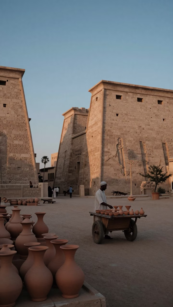 Luxor Egypt Evening Street Scene with Traditional Clay Pottery and Local Market Activity in in Luxor, Egypt