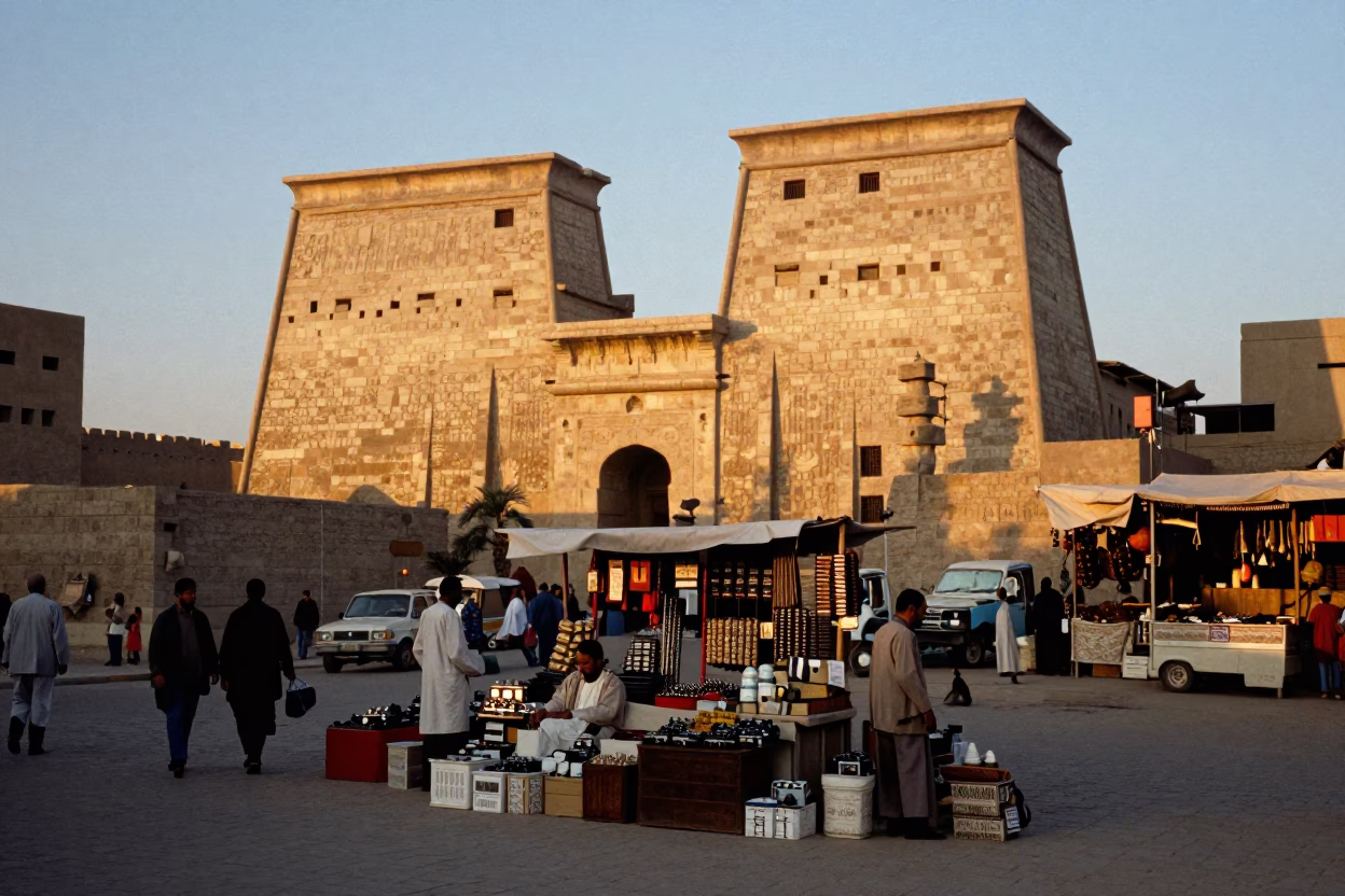 Luxor Egypt Evening Street Scene with Traditional Market Goods and Local Architecture in in Luxor, Egypt