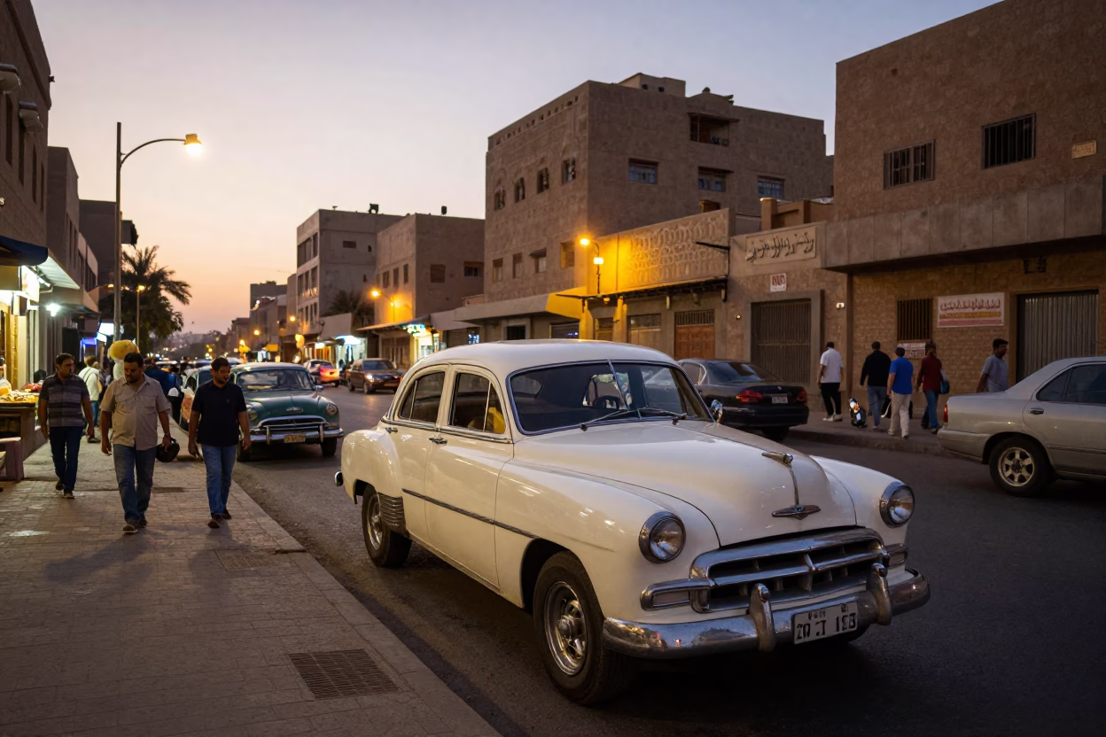 Luxor Egypt Evening Street Scene with Vintage Auto and Local Commerce at Dusk in in Luxor, Egypt