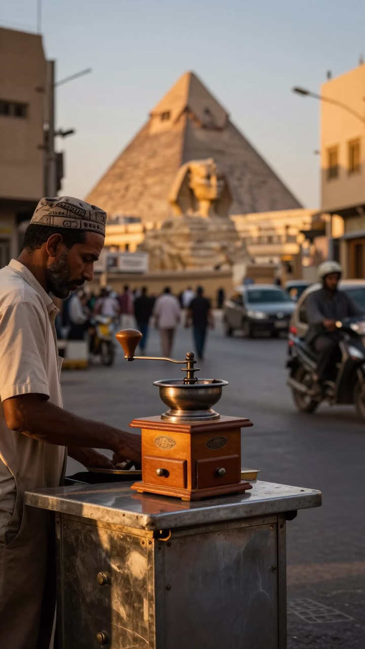 Luxor Egypt Evening Street Scene with Vintage Coffee Grinder and Kheer Dessert in in Luxor, Egypt