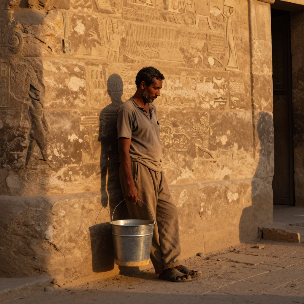 Luxor Egypt Evening Street Scene with Worker and Bucket in Honeyed Light in in Luxor, Egypt