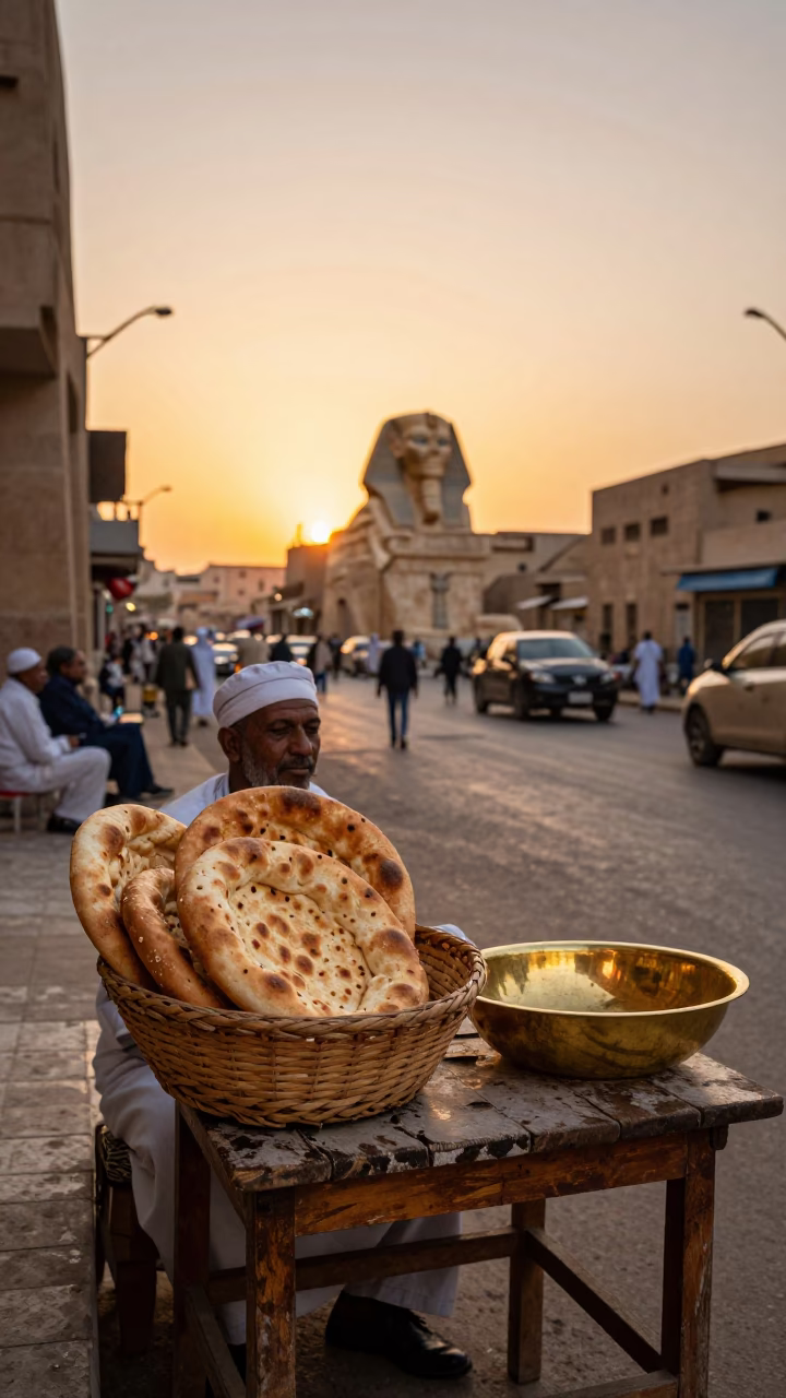 Luxor Egypt Evening Street Scene with Woven Bread Basket and Brass Basin in in Luxor, Egypt