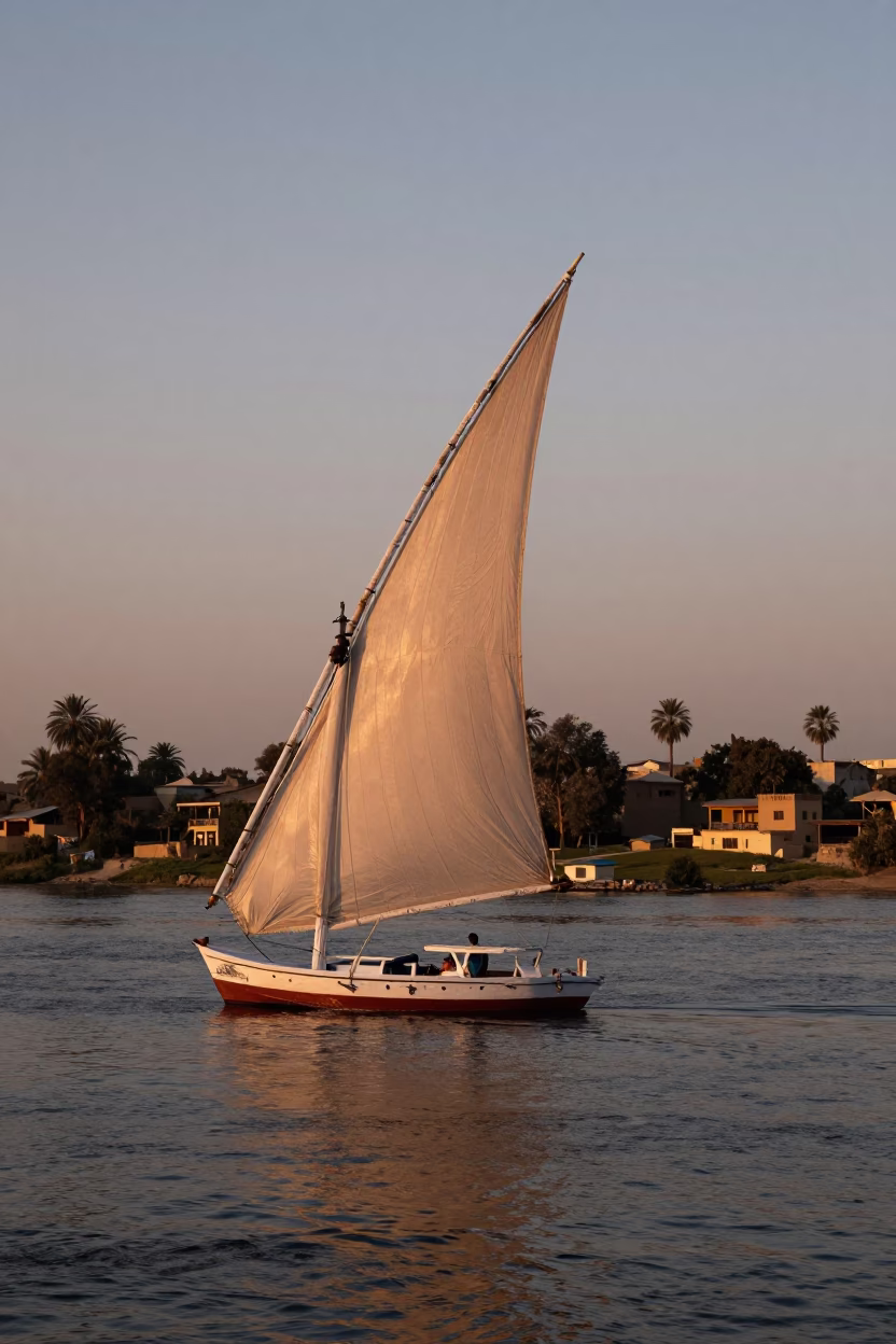 Luxor Egypt Felucca on Nile River Copper Toned Dusk Light in in Luxor, Egypt