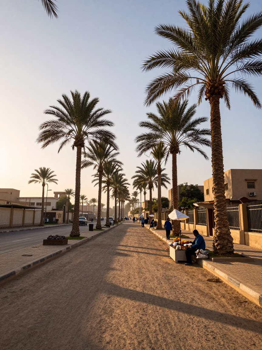 Luxor Egypt First Light Dawn Street Scene Palm Trees and Traditional Life in in Luxor, Egypt