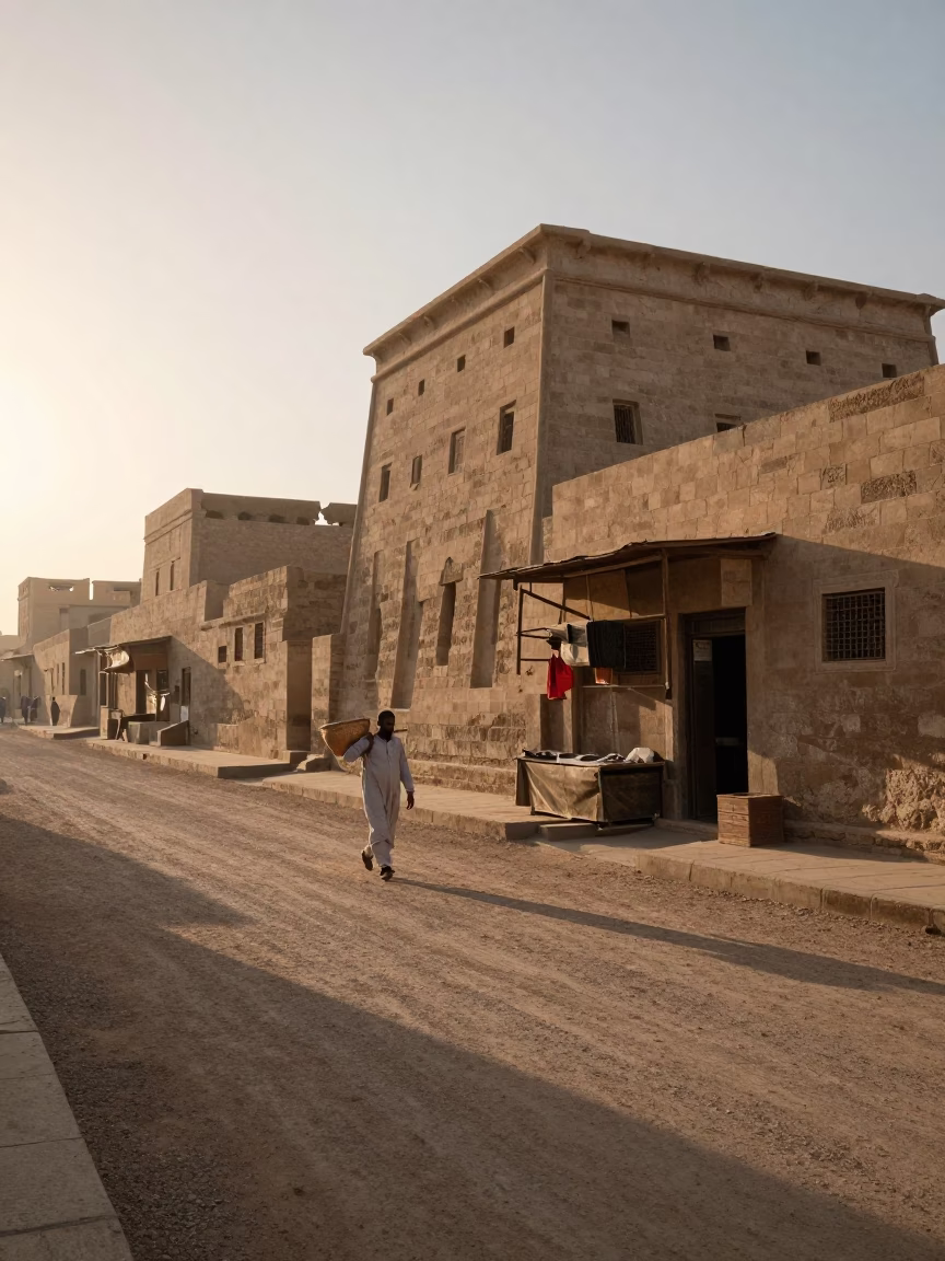 Luxor Egypt first light dawn street scene with traveler and traditional architecture in in Luxor, Egypt