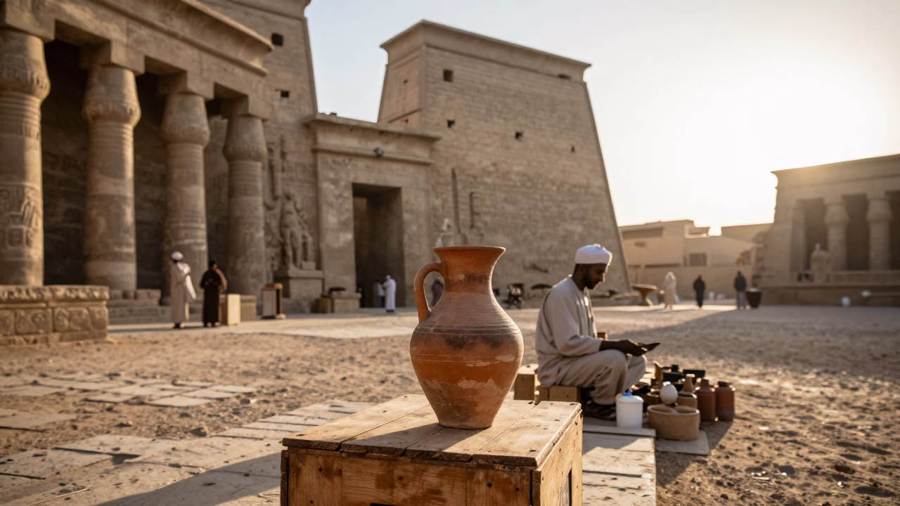 Luxor Egypt First Light Street Scene with Local Vendor and Vintage Pitcher in in Luxor, Egypt