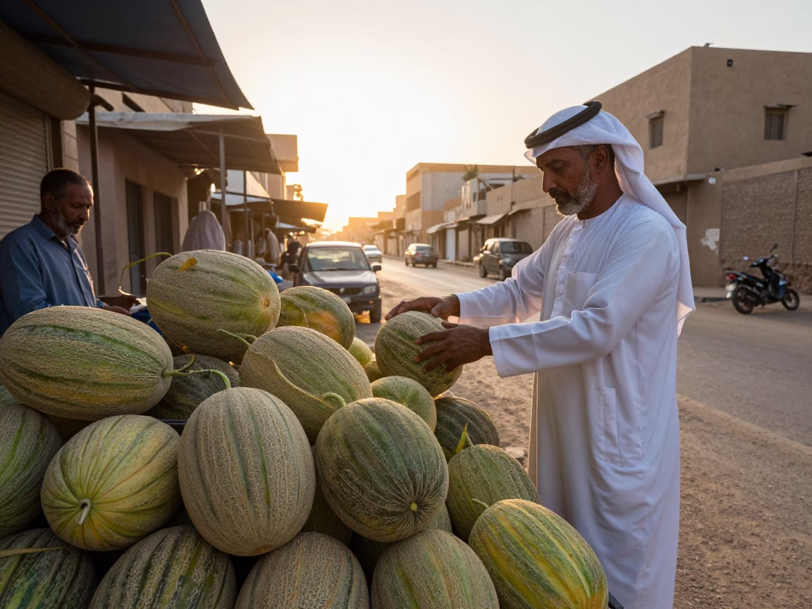 Luxor Egypt First Light Street Scene with Melons and Local Market Activity in in Luxor, Egypt