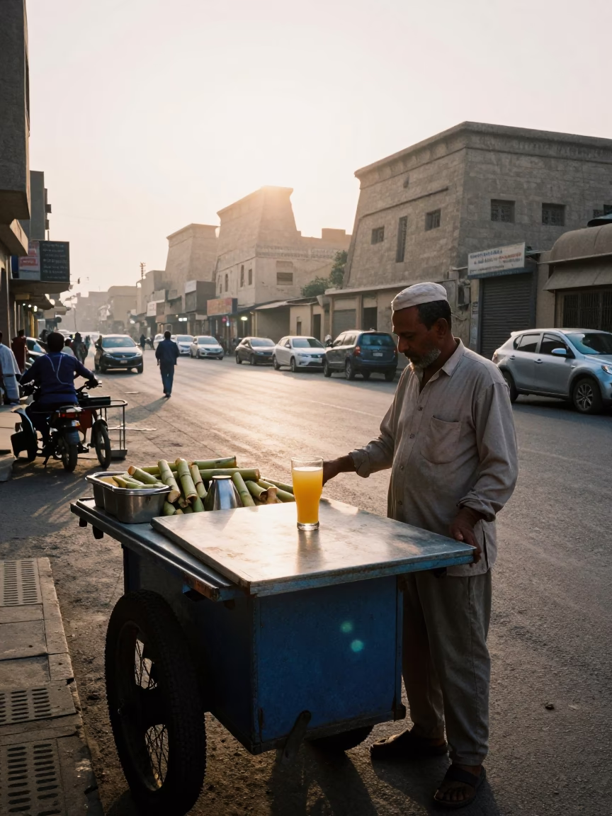 Luxor Egypt First Light Street Scene With Sugarcane Juice Stall And Stone Architecture in in Luxor, Egypt