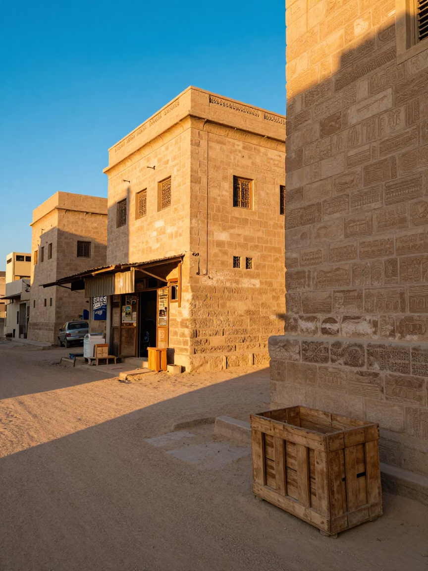 Luxor Egypt First Light Street Scene with Wooden Crate and Local Interaction in in Luxor, Egypt