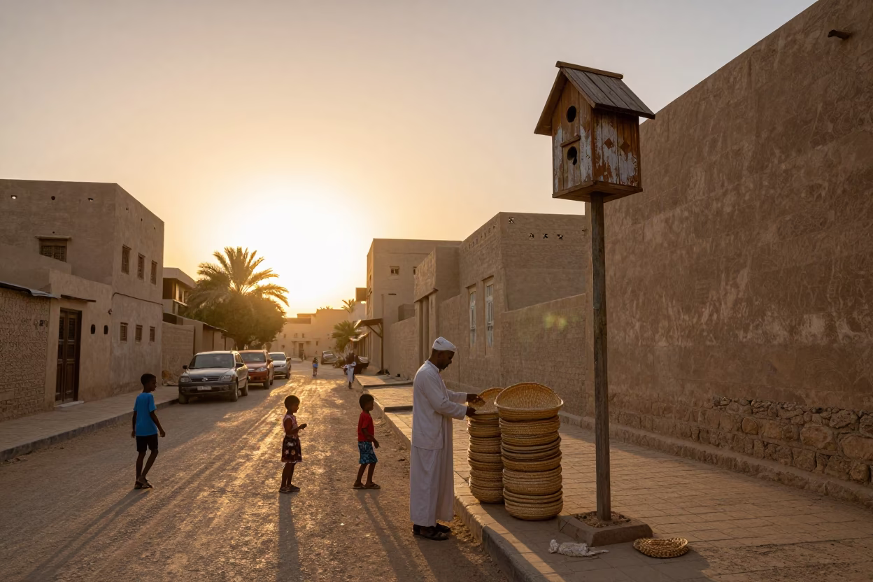 Luxor Egypt Golden Hour Street Scene with Birdhouse and Traditional Architecture in in Luxor, Egypt