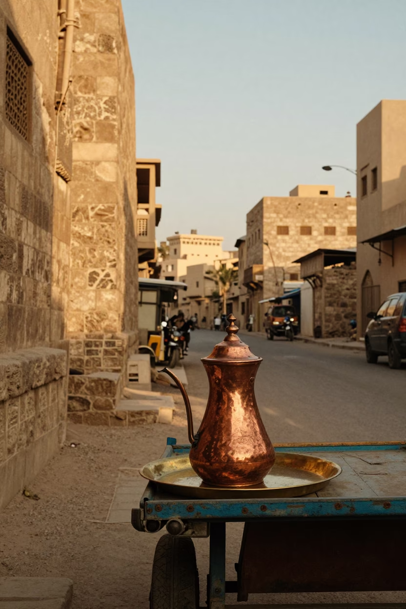Luxor Egypt Golden Hour Street Scene with Copper Coffee Pot and Local Vendor in in Luxor, Egypt
