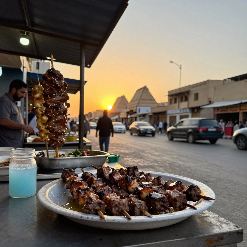 Luxor Egypt Golden Hour Street Scene with Kebab and Ayran in in Luxor, Egypt