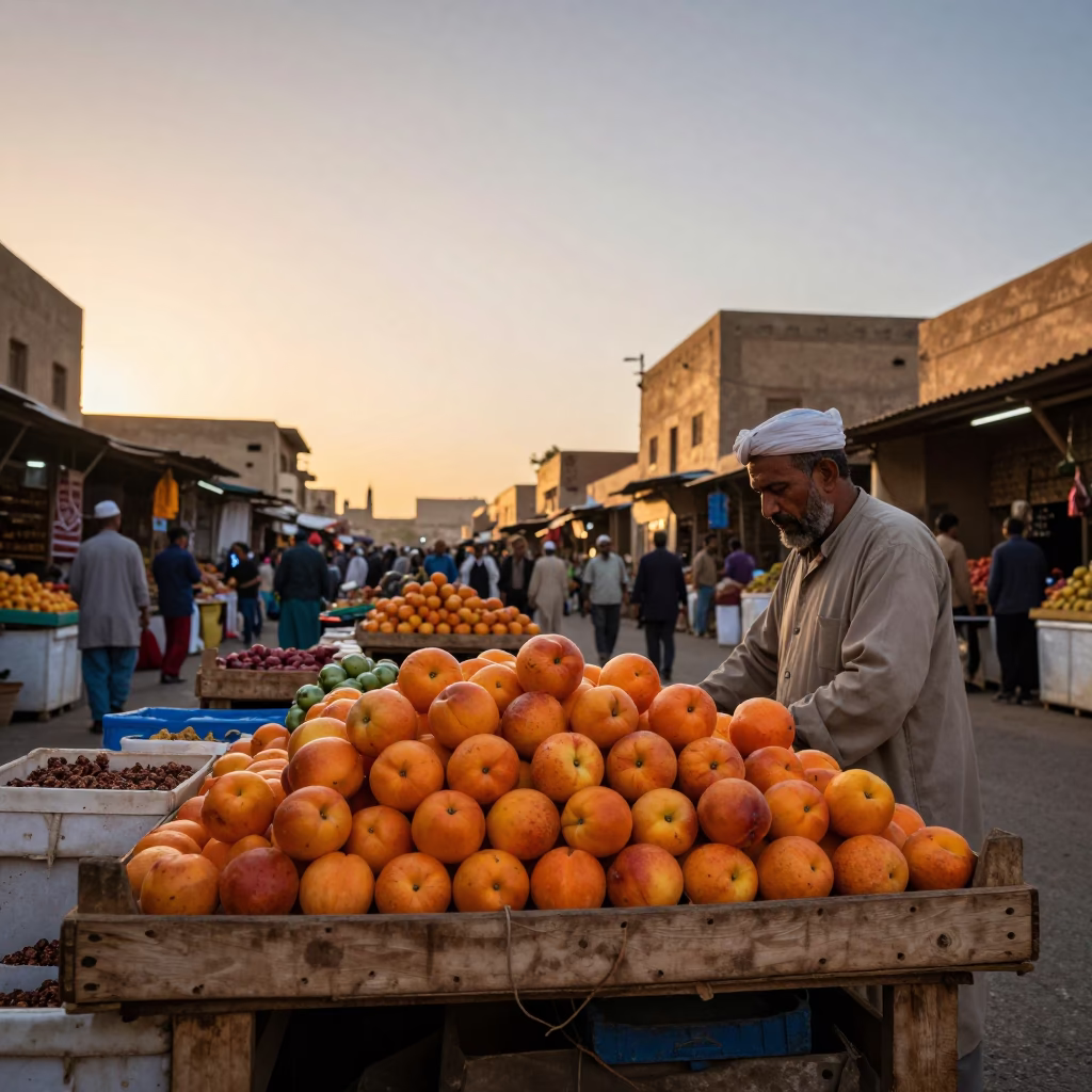 Luxor Egypt Golden Hour Street Scene with Nectarines and Traditional Market Activity in in Luxor, Egypt