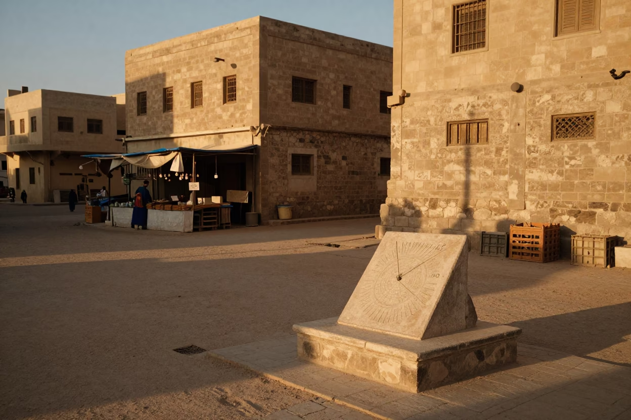 Luxor Egypt Golden Hour Street Scene with Sundial and Crate in in Luxor, Egypt