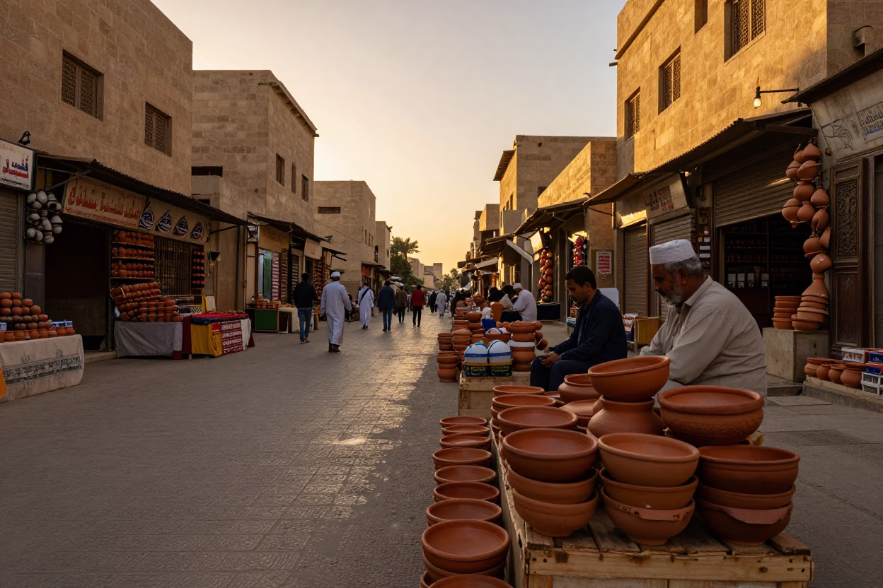 Luxor Egypt Golden Hour Street Scene with Terracotta Bowls and Local Market Life in in Luxor, Egypt