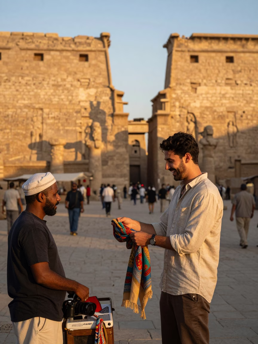 Luxor Egypt Golden Hour Street Scene with Tourist and Local Vendor Interaction in in Luxor, Egypt