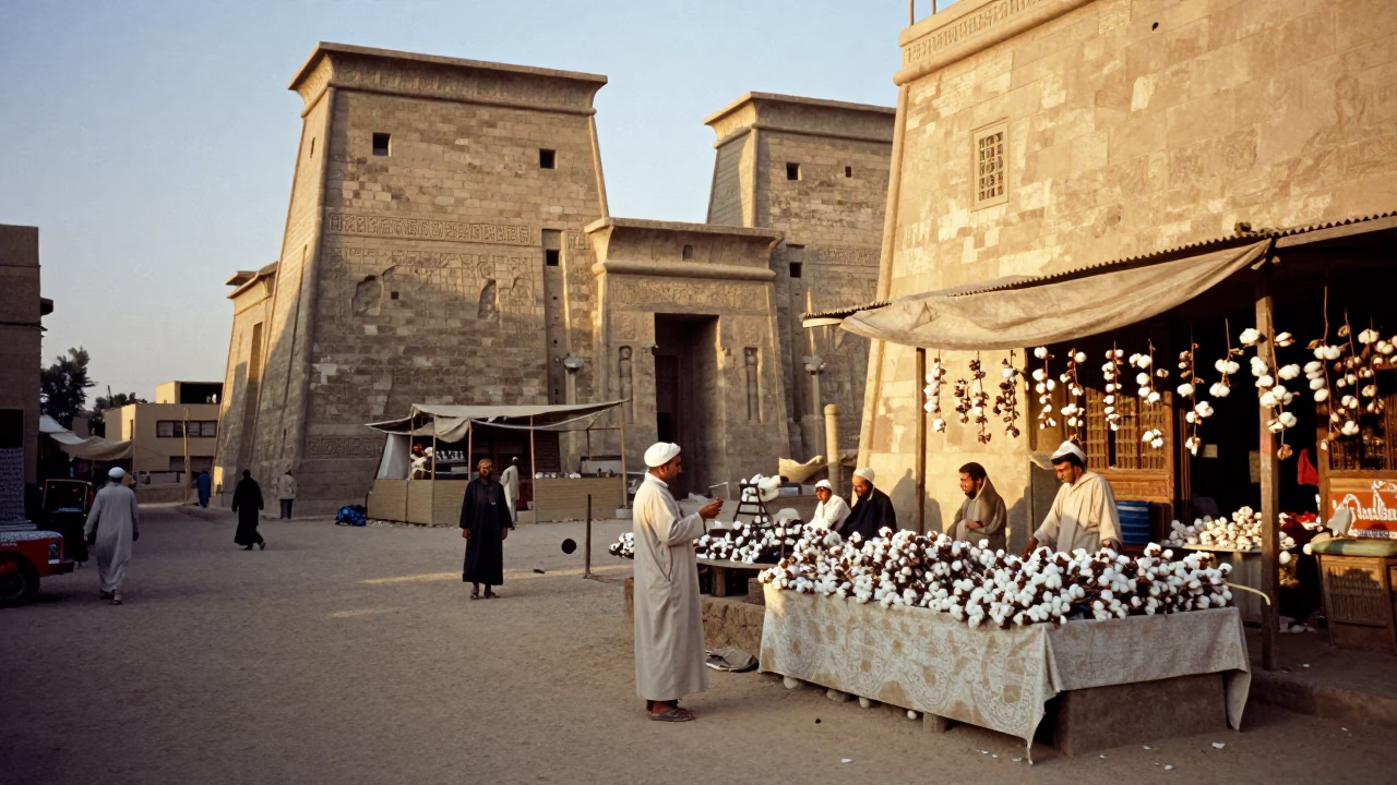 Luxor Egypt Golden Hour Street Scene with Traditional Cotton and Local Market Details in in Luxor, Egypt