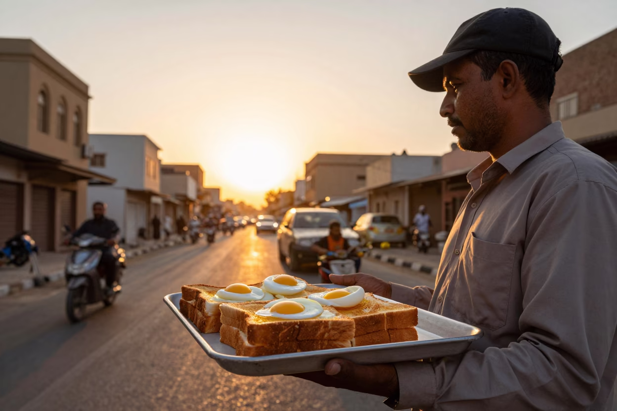 Luxor Egypt Golden Hour Street Scene with Traditional Kaya Toast and Soft Boiled Eggs in in Luxor, Egypt