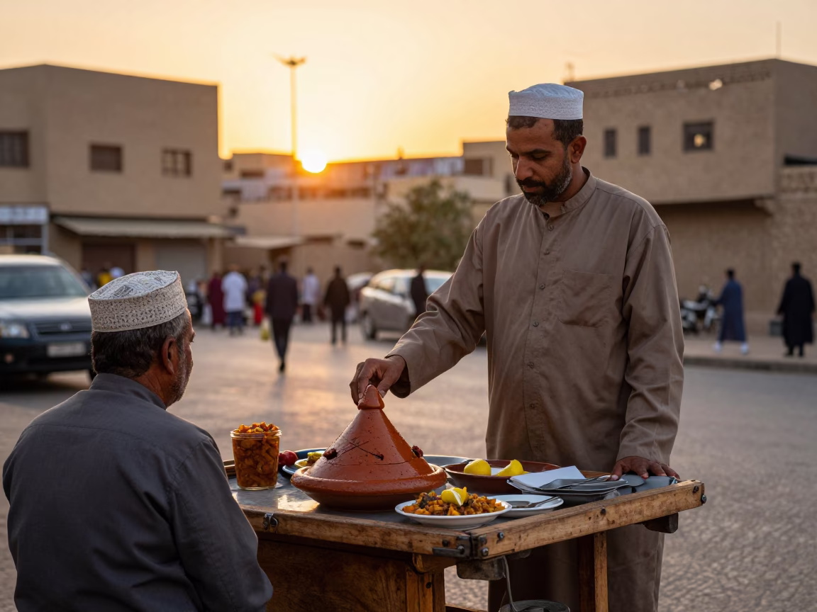 Luxor Egypt Golden Hour Street Scene with Traditional Lamb Tagine and Preserved Lemon in in Luxor, Egypt