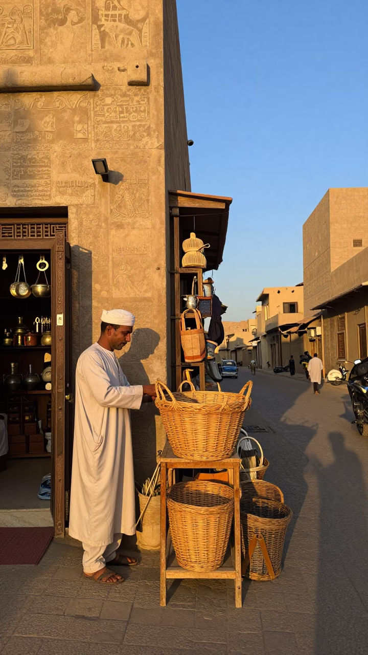 Luxor Egypt Golden Hour Street Scene with Traditional Shopkeeper and Wicker Basket in in Luxor, Egypt