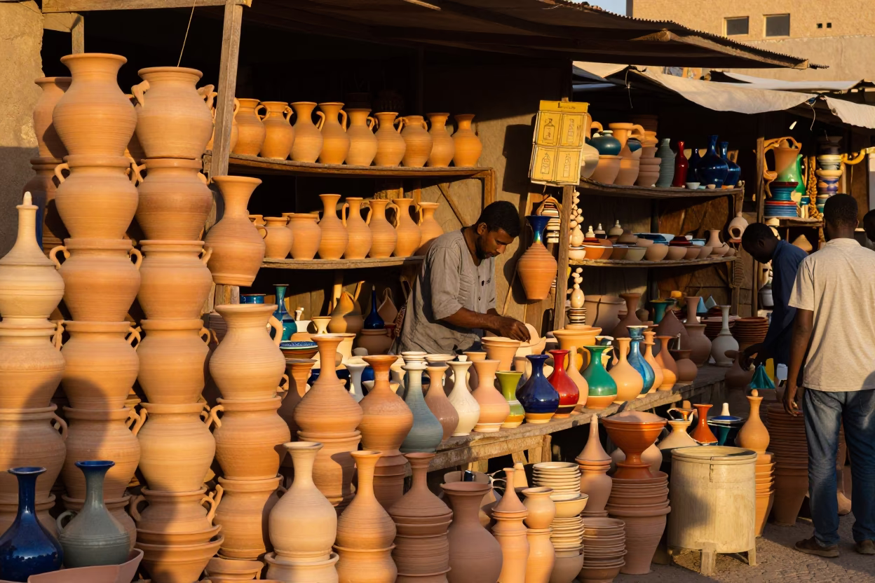 Luxor Egypt Honeyed Evening Light Pottery Market Stacked Wares and Local Commerce in in Luxor, Egypt