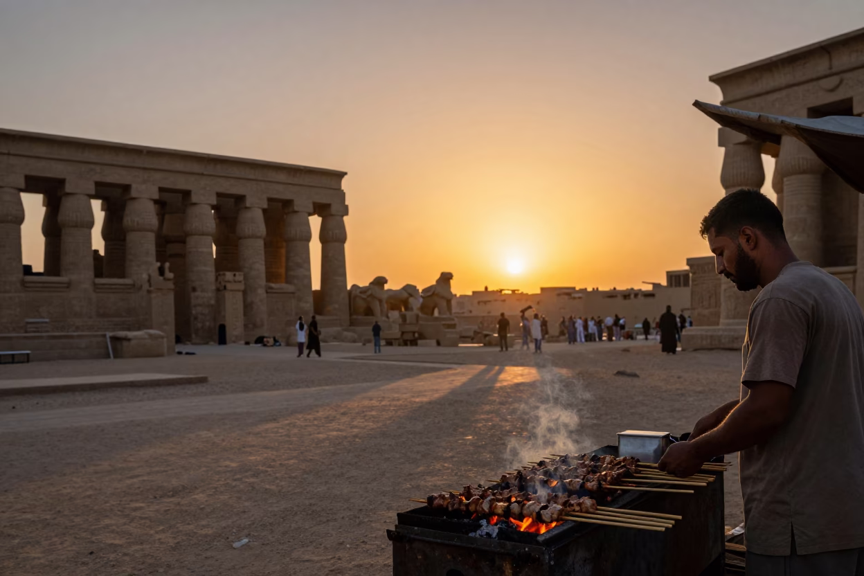 Luxor Egypt Horizon Sunset Street Scene with Grilled Kebab Vendor at Dusk in in Luxor, Egypt