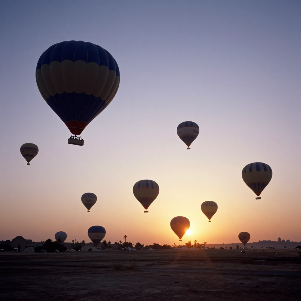 Luxor Egypt Hot Air Balloon Fleet Mass Ascent at Sunset Horizon in in Luxor, Egypt